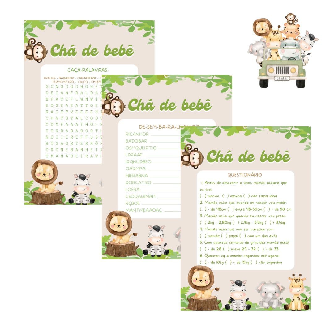 Kit Brincadeiras Chá de Bebê Safári (bege) (digital Pdf)