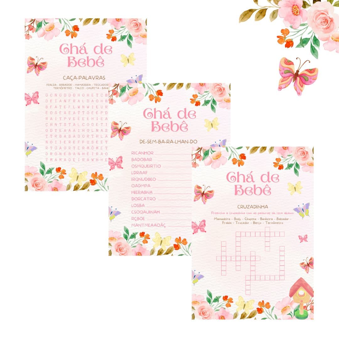 Kit Brincadeiras Chá de Bebê Jardim das Borboletas -pdf