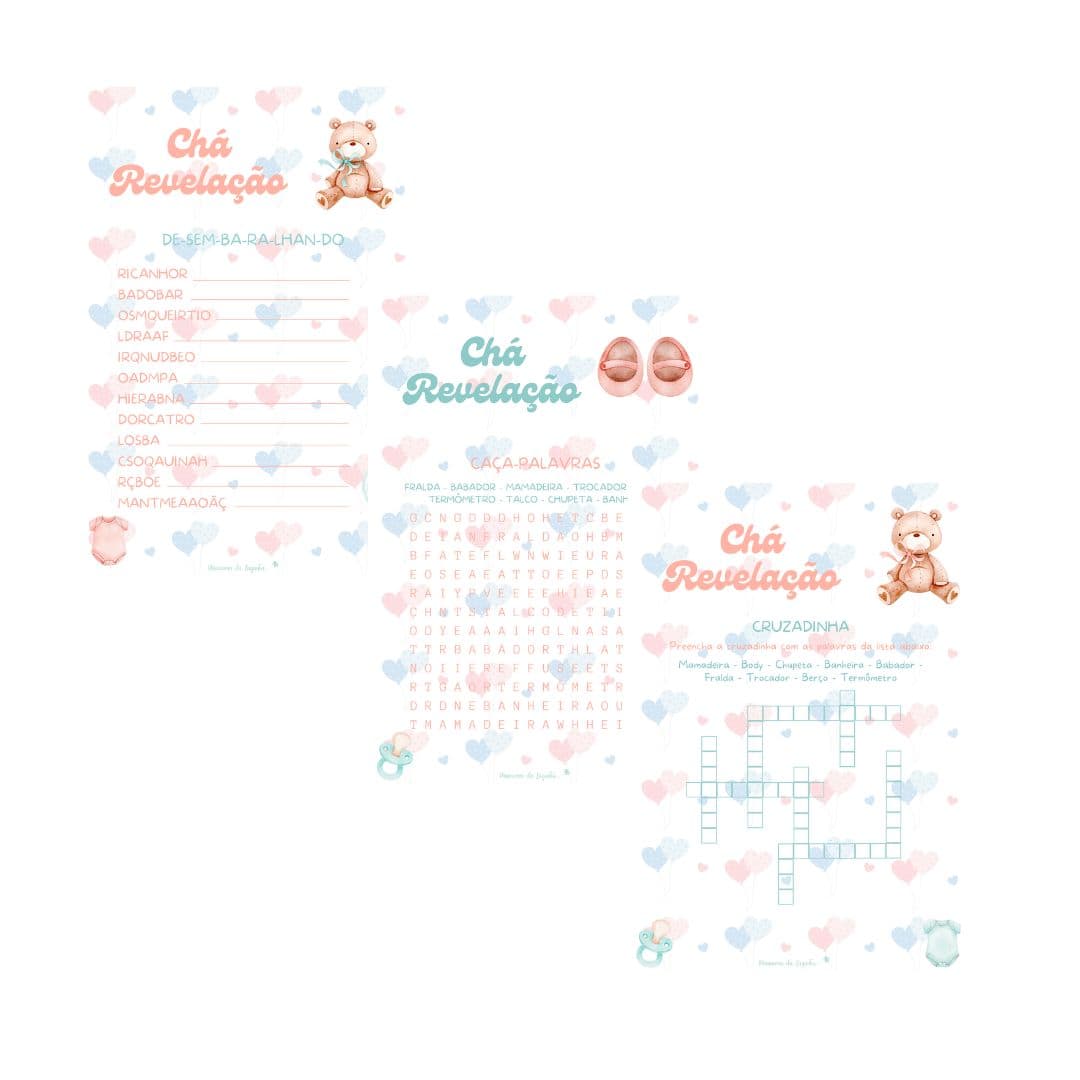 Kit brincadeiras Chá de bebê Revelação (Arquivo PDF)